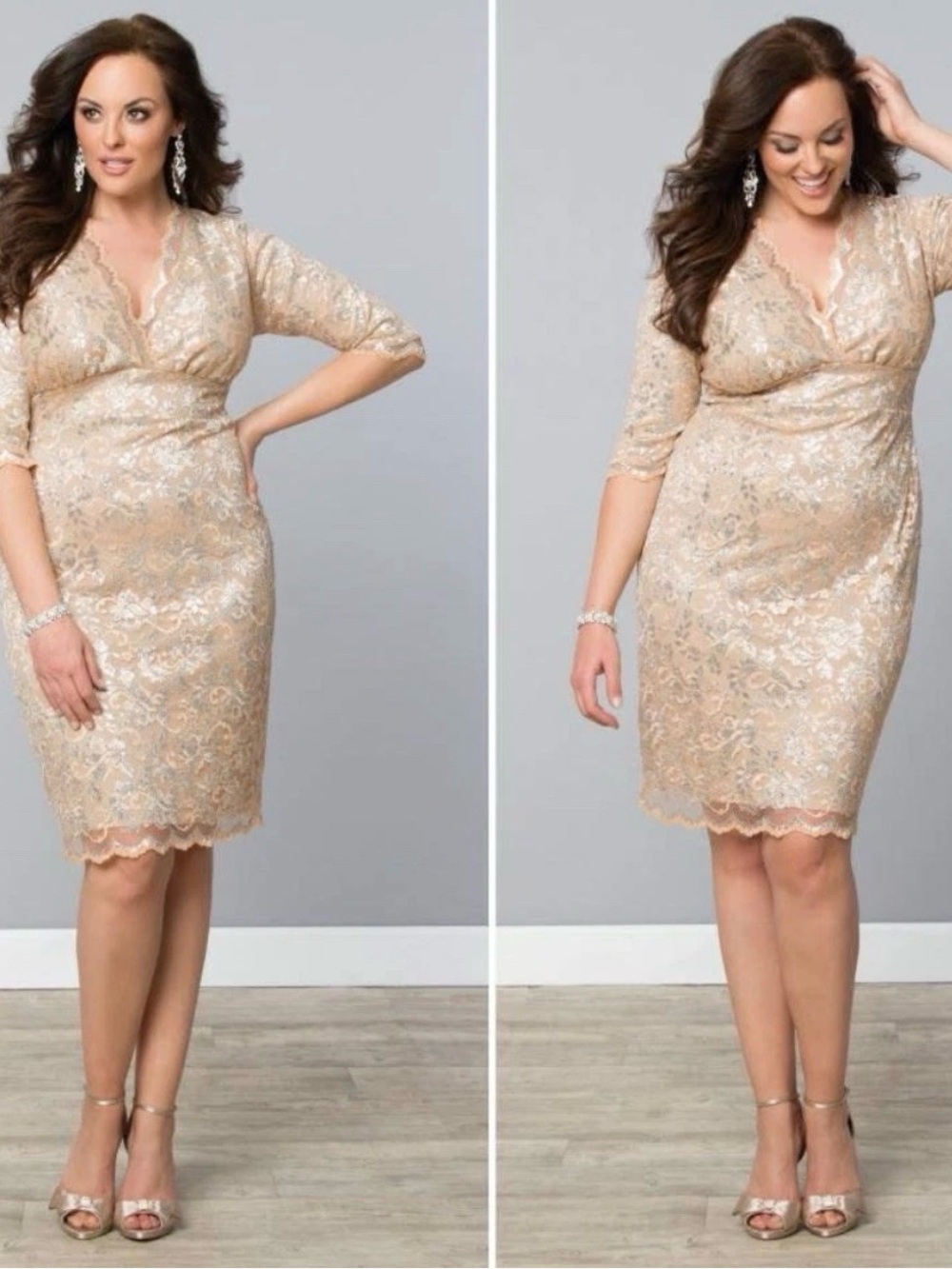 Kiyonna Lace-Overlay V-Neck Sheath Dress in Champagne 14/16